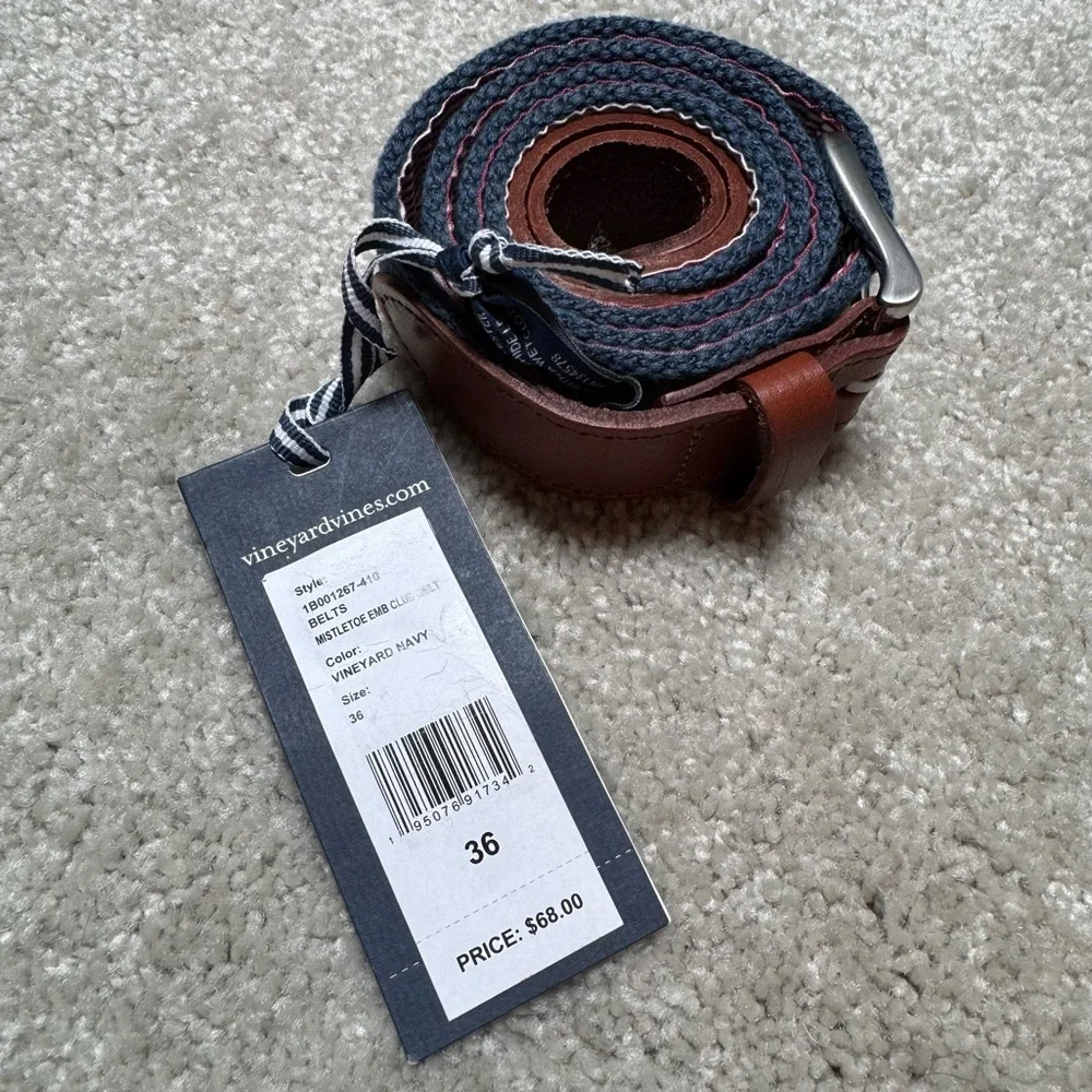 NWT Vineyard Vines Men's Navy Canvas Leather Club Belt Acorn $68 Sz 32 or 36